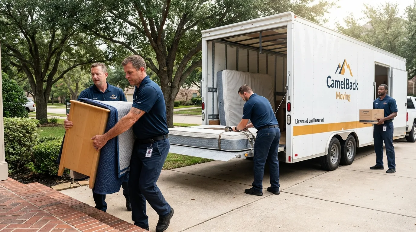 Crew loading residential truck for cross-state move from Mansfield, TX