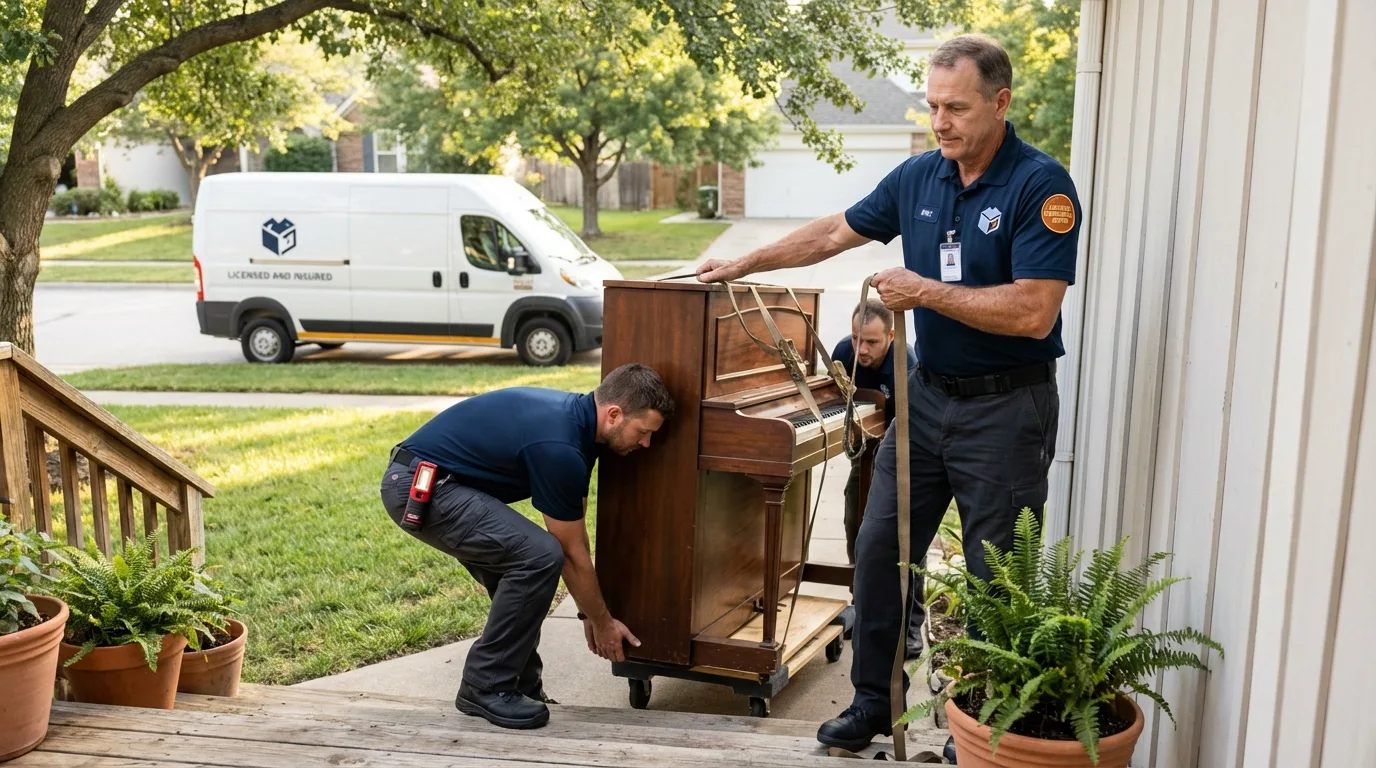 Licensed piano movers securing grand piano in Mansfield, TX