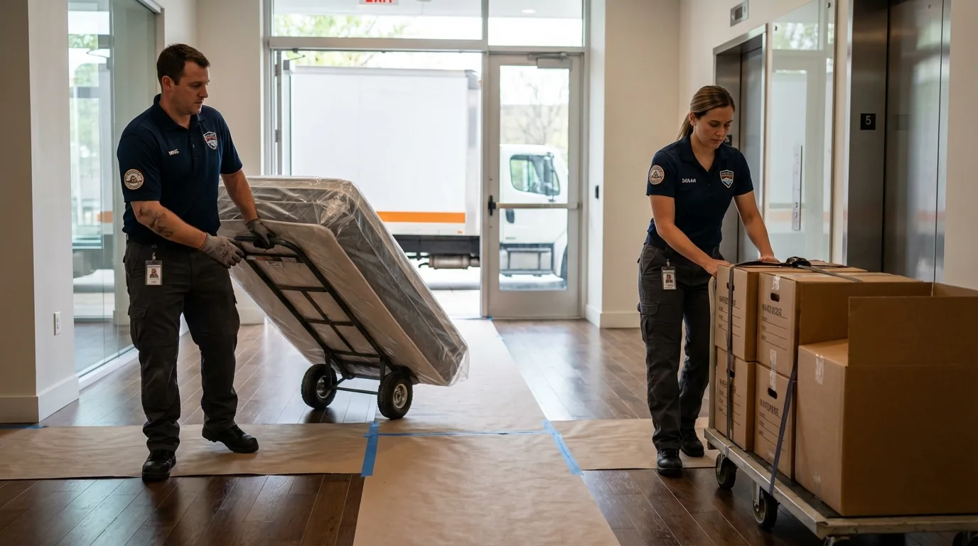 Professional apartment movers loading elevator in Mansfield, TX